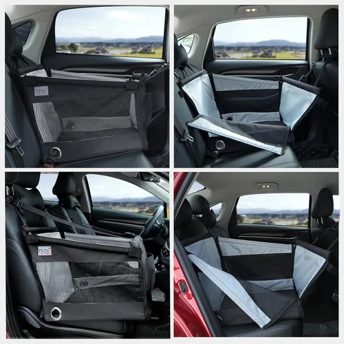 Vista 6 de Asiento de automóvil para perros para viajes de mascotas con almohadilla impermeable, hamaca para perro de medio asiento, gancho para arnés, malla