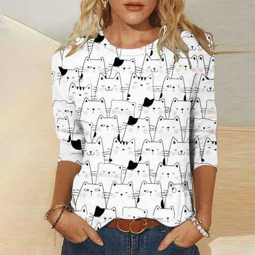 Vista 2 de Camiseta de verano a la moda para mujer, manga 34, cuello redondo, linda camiseta gráfica de gato y perro, blusa elegante casual ajustada
