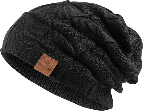 Vista 3 de PAGE ONE Mens Winter Slouchy Beanie Warm Fleece Lined Skull Cap Baggy Cable Knit Hat