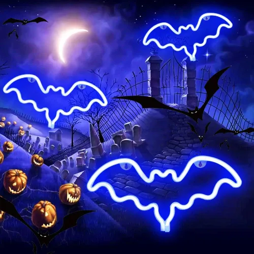 Vista 2 de Vicila Letreros de neón con forma de murciélago para Halloween, luces de neón LED, regalos espeluznantes, lámpara con forma de murciélago para Azul