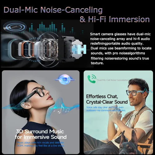 Vista 4 de Gafas inteligentes con cámara, 8MP HD AI Smart Glasses 1080P Video Recording Glasses con asistente de voz, traducción en tiempo real, asistente