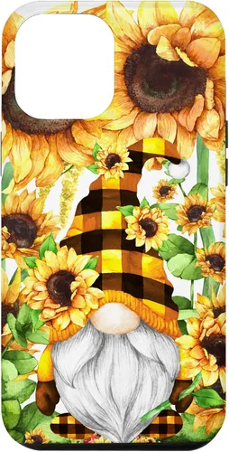 Vista 25 de iPhone 16 Gnomo de girasol con sombrero de cuadros de búfalo para niñas de moda lindo caso