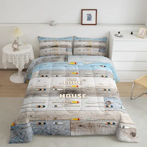 Vista 43 de Juego de edredón de casa del lago, tamaño individual, juego de ropa de cama con ancla náutica para niños, adolescentes y adultos, edredón retro