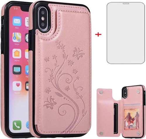 Vista 10 de Funda de teléfono para iPhone Xs Max de 6.5 pulgadas 2018 con protector de pantalla de vidrio templado, tarjetero con tapa de cuero para celular i X