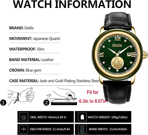Vista 5 de Diella Luxury Dress Watches for Men with Japanese Quartz Movement, Men's Classic Wrist Watches with Black Leather Band, Dark Jade, Gold and Steel