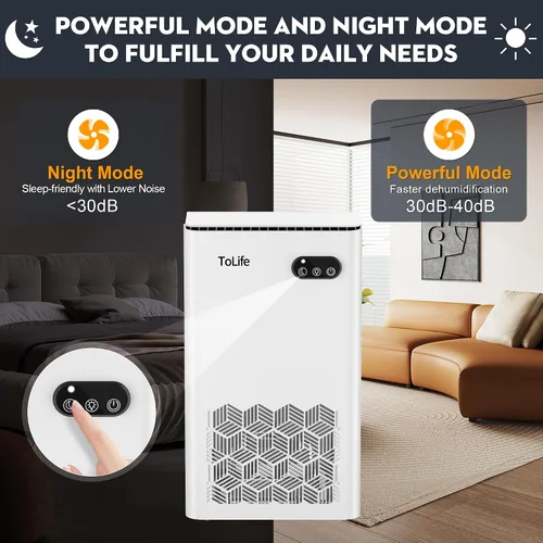 Vista 4 de ToLife Deshumidificador para el dormitorio del hogar, 1000 pies cuadrados Portátil para el hogar, dormitorio, baño y sótano con luz LED de 7 Blanco