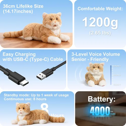Vista 6 de Chongker Gato robot interactivo de 24.8 pulgadas de peluche, animales de peluche realistas, gato robótico compañero con latido cardíaco ronroneando