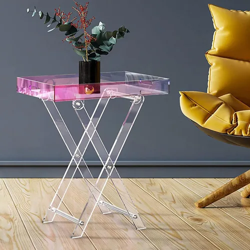 Vista 3 de Mesa plegable de acrílico iridiscente, mesa auxiliar de acrílico colorida, mesa de centro cuadrada moderna, mesa de servicio portátil para espacios