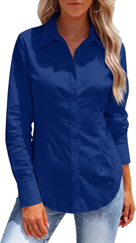 Vista 10 de Button Down Shirts for Women Long Sleeve Dress Shirts Collared Work Wrinkle Free Office Solid Blouses Fitted Tops