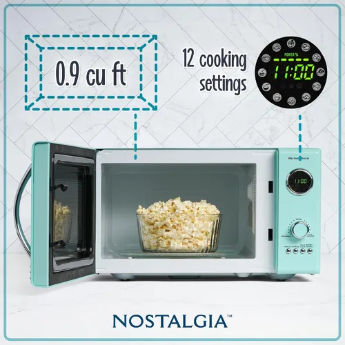 Vista 46 de Nostalgia Horno microondas retro compacto para encimera, 0.7 pies cúbicos, 700 vatios con pantalla digital LED, bloqueo para niños, interior fácil