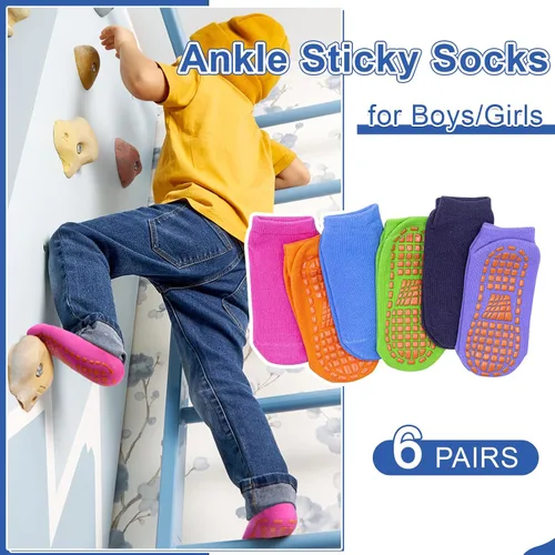 Vista 3 de HYCLES Calcetines antideslizantes para niños y niñas, calcetines adhesivos para el tobillo, calcetines antideslizantes para niños, 6 pares