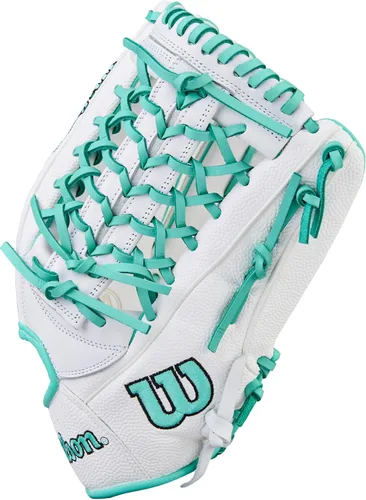 Vista 4 de Wilson 2026 A1000 - Guantes de lanzamiento rápido para interior y exterior Fastpitch Blanco/Espuma de mar/Negro
