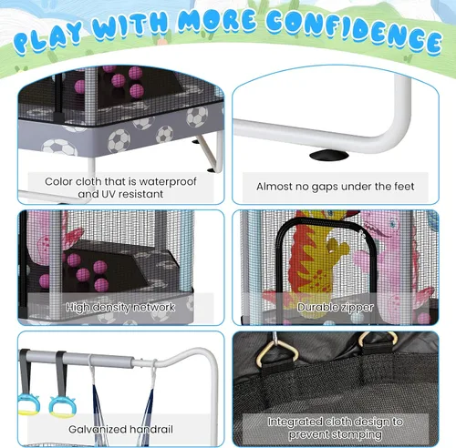 Vista 7 de LAMERGE Trampolín redondo 7 en 1 de 55 pulgadas para niños y niñas de 1 a 8 años, trampolín para interiores y exteriores para diversión, barandilla