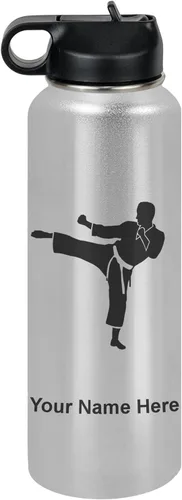 Vista 26 de Botella de agua personalizada LaserGram, Karate Man, de acero inoxidable con aislamiento al vacío de doble pared con tapa abatible, regalo grabado