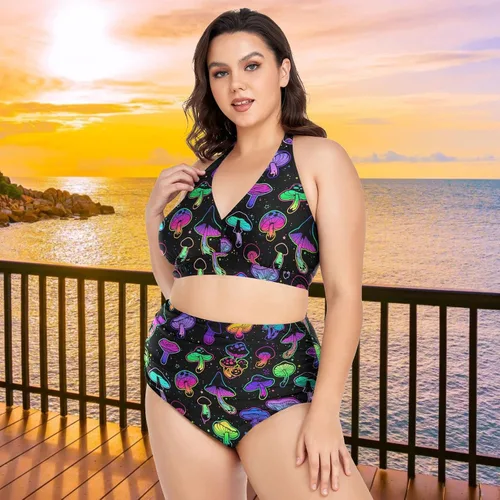 Vista 4 de Bikini de 2 piezas para mujer, talla grande, cintura alta, cuello halter, fruncido, control de abdomen