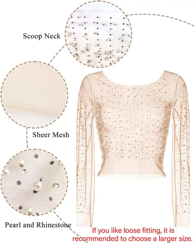 Vista 3 de Blusa de malla de manga larga con diamantes de imitación de perlas para mujer, una pieza, cubierta de fiesta de Halloween
