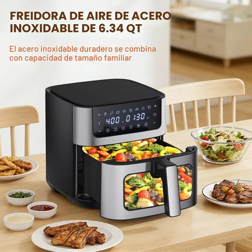 Vista 2 de OLIXIS Freidora de aire de 6.34 cuartos de galón con ventana, 8 preajustes de alimentos con calor máximo de 400 °F, temporizador de 90 minutos