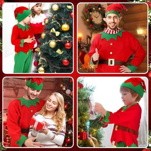 Vista 5 de Newcotte Conjunto de disfraz de elfo de Navidad para mujeres y niñas, ayudante de Papá Noel, incluye sombrero de elfo, vestido de Papá Noel, medias