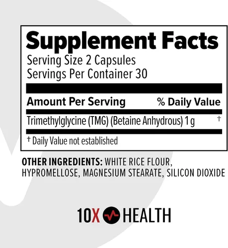 Vista 11 de Suplementos TMG de 10X Health - Suplemento de trimetilglicina para el apoyo al hígado, bienestar del corazón, energía, niveles de homocisteína