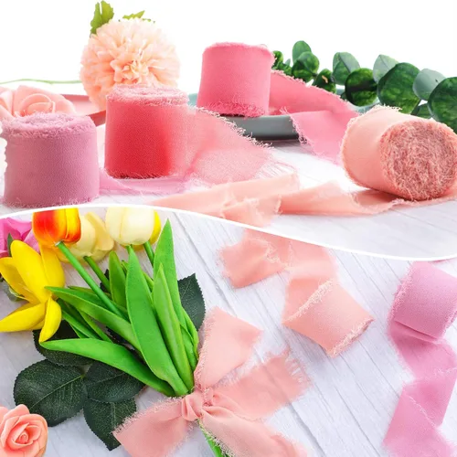Vista 4 de Boao 4 rollos de cinta de gasa hecha a mano con flecos de seda de 1.5 pulgadas x 7 yardas, cintas deshilachadas rosas para el día de San Valentín