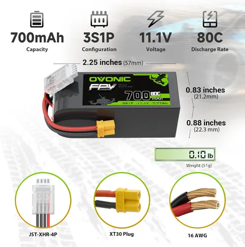 Vista 2 de OVONIC Batería Lipo de 11.1V 80C 700mAh 3S con enchufe XT30 [1 paquete que incluye 2 baterías]
