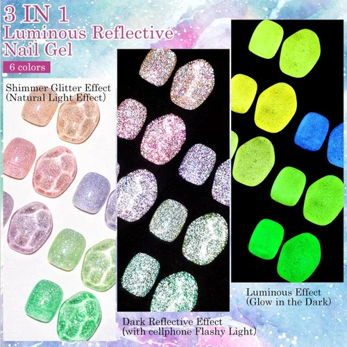 Vista 6 de MEET ACROSS Esmalte de uñas de gel que brilla en la oscuridad, juego de esmalte de gel luminoso de 6 colores, kit de manicura de esmalte de gel