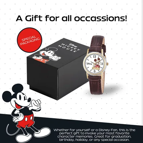 Vista 6 de Disney Mickey Watch - Watch for Women - Mickey Mouse Watches for Women Toys - 90s Mouse - Vintage - Articulating Hands - Gold Case - Brown Leather