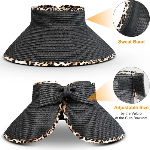 Vista 2 de Sombrero de paja con protección UV, visera de playa, sombrero de ala ancha, estampado de leopardo, enrollable, plegable para mujer
