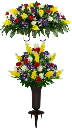 Vista 11 de Sympathy Silks Flores artificiales para cementerios – Decoraciones para tumbas - 1 ramo de flores silvestres de violeta púrpura y naranja, 1 montura