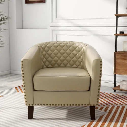Vista 6 de Pia Ricco Silla de Acento Tipo Barril de Cuero Sintético, Silla de Club Moderna con Brazos, Cómoda Silla Individual Tapizada con Patas de Madera