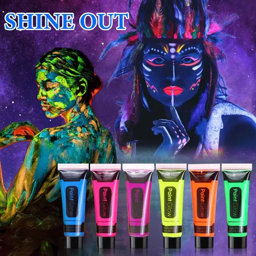Vista 7 de 12 piezas de pintura corporal que brilla en la oscuridad, juego de maquillaje de luz negra fluorescente neón, juego de pintura facial