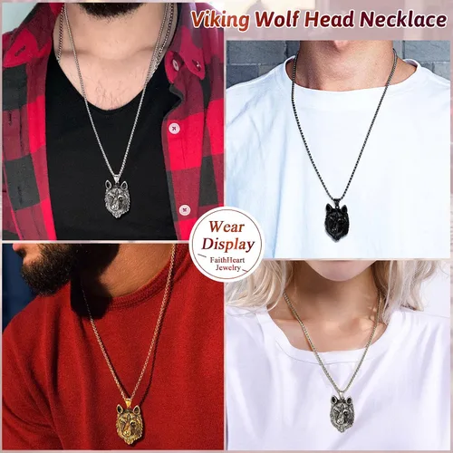 Vista 5 de FaithHeart Collar con colgante de lobo vikingo nórdico para hombres y mujeres, acero inoxidable, chapado en oro de 18 quilates, joyería con embalaje