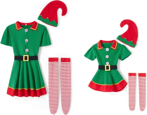 Vista 6 de Michellecmm Disfraz de elfo de Navidad para niñas, niños, hombres y mujeres, disfraz de elfo de Navidad, vestido de Santa para fiesta de disfraces