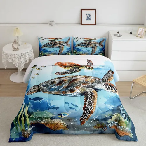 Vista 24 de Erosebridal Juego de edredón de ballena náutica, tamaño individual, juego de ropa de cama vintage azul con ondas oceánicas para niños y niñas