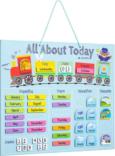 Vista 8 de Navaris Calendario magnético para niños, gráfico magnético de aprendizaje diario con clima, fecha, mes, día, temporada para niños, diseño de tren