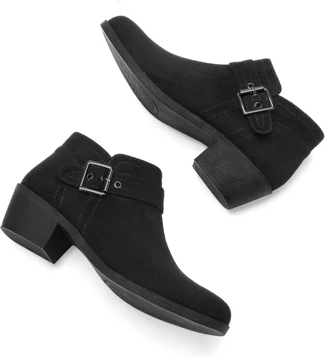 Vista 4 de mysoft Botas de tobillo para mujer, tacón bajo y grueso, cómodas botas de punta redonda con cremallera lateral Ante negro