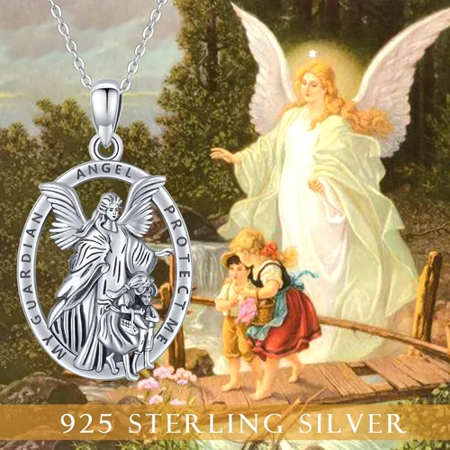 Vista 6 de Brisskaari Collar ovalado de Nuestra Señora de GuadalúÁngel de la Guardia para mujeres y hombres plata de ley 925 católica Virgen María collar