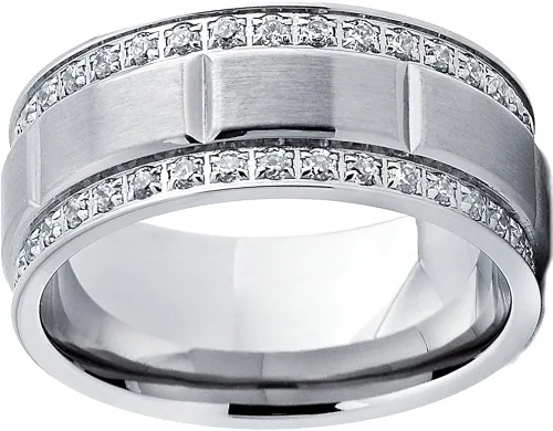 Vista 2 de Metal Masters Co Anillo de boda de titanio para hombre con circonita cúbica de doble fila tamaños de ajuste cómodo 0354in 8 a 12 Metal Zirconia