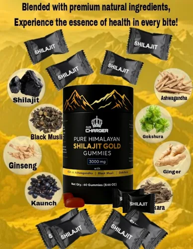 Vista 4 de Shilajit - Gomitas para hombres y mujeres 3000 mg Shilajit orgánico puro del Himalaya con Ashwagandha Gokshura Sin OMG, sin azúcar añadida Más