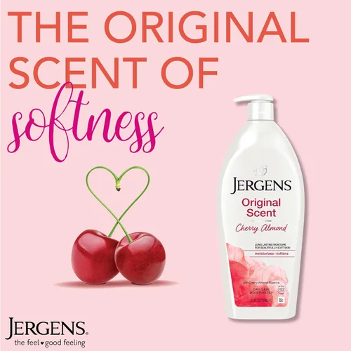 Vista 5 de Jergens Loción para piel seca de aroma original, hidratante corporal para manos y cuerpo, esencia de almendra de cereza, probado por dermatólogos