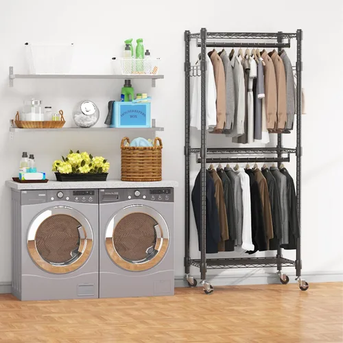 Vista 4 de BATHWA Perchero angosto de 2 niveles para colgar ropa, perchero portátil que ahorra espacio con ruedas y varillas dobles, 8 perchas, ajustable, Negro