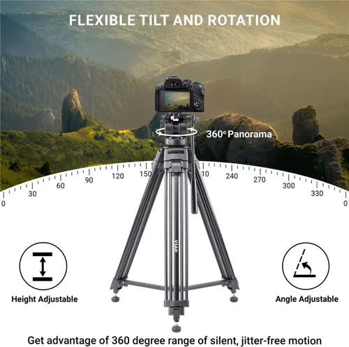Vista 4 de 3Pod V3AH - Trípode de video de aluminio de 3 secciones para cámara, trípode profesional para cámara con cabezal fluido de 2 vías, esparcidor