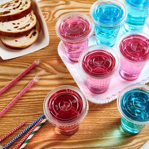 Vista 6 de Lilymicky 200 juegos de vasos de plástico transparente de 10 onzas con tapas planas, vasos desechables de 10 onzas para batidos, Slurpee o cualquier