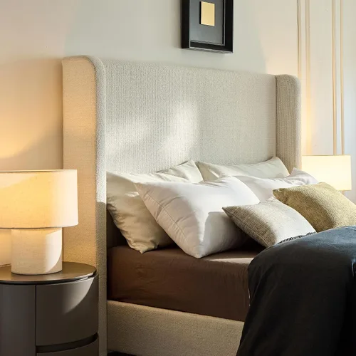 Vista 5 de Boucle - Cama de cabecera alta tamaño Queen, base de cama tapizada con cabecera de 54 pulgadas de alto, listones de madera resistentes y marco