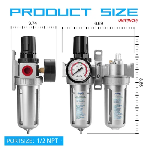 Vista 6 de NANPU 1/2" NPT Regulador de presión de filtro de aire Lubricador Kit de medidor de secador de agua/aceite Separador de trampa 3 en 1 Unidad gemela