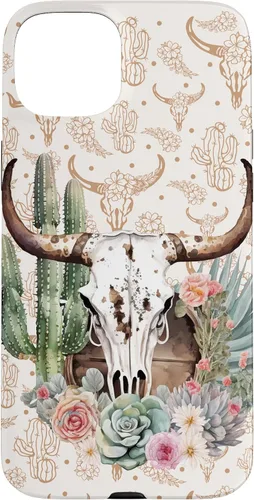 Vista 9 de Western Boho Chic Longhorn Bull Skull Cactus Beige Pattern Case for iPhone 17