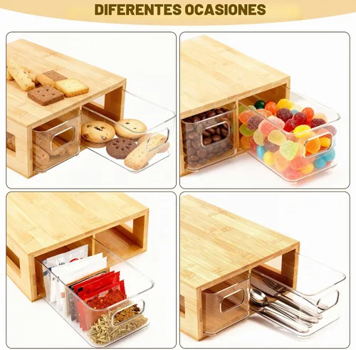 Vista 5 de Organizador de bolsitas de té, bambú y acrílico, soporte para bolsitas de té de madera, almacenamiento para cajones con 2 compartimentos espaciosos
