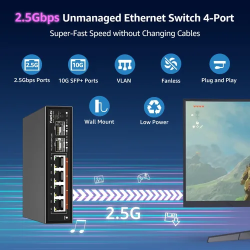 Vista 2 de Switch Ethernet no gestionado de 6 puertos 2.5G, 4 puertos Base-T de 2.5G, 2 SFP de 10G, compatible con 100/1000/2500Mbps, VLAN, sin ventilador