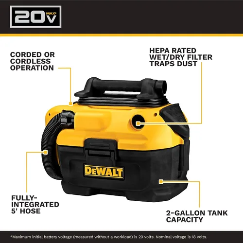 Vista 10 de DeWalt DCV581H Aspiradora para agua y polvo con cable o inalámbrica con batería de 18/20 voltios MAX