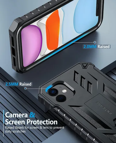 Vista 8 de FNTCASE Funda para iPhone 11: funda para iPhone XR [protector de pantalla y soporte integrados] [protección contra caídas de grado militar] Negro